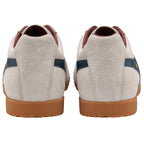 The rear view of a pair of off-white Gola Harrier trainers with navy stripes.