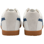 The backs of a pair of white Gola Harrier shoes with blue stripes.