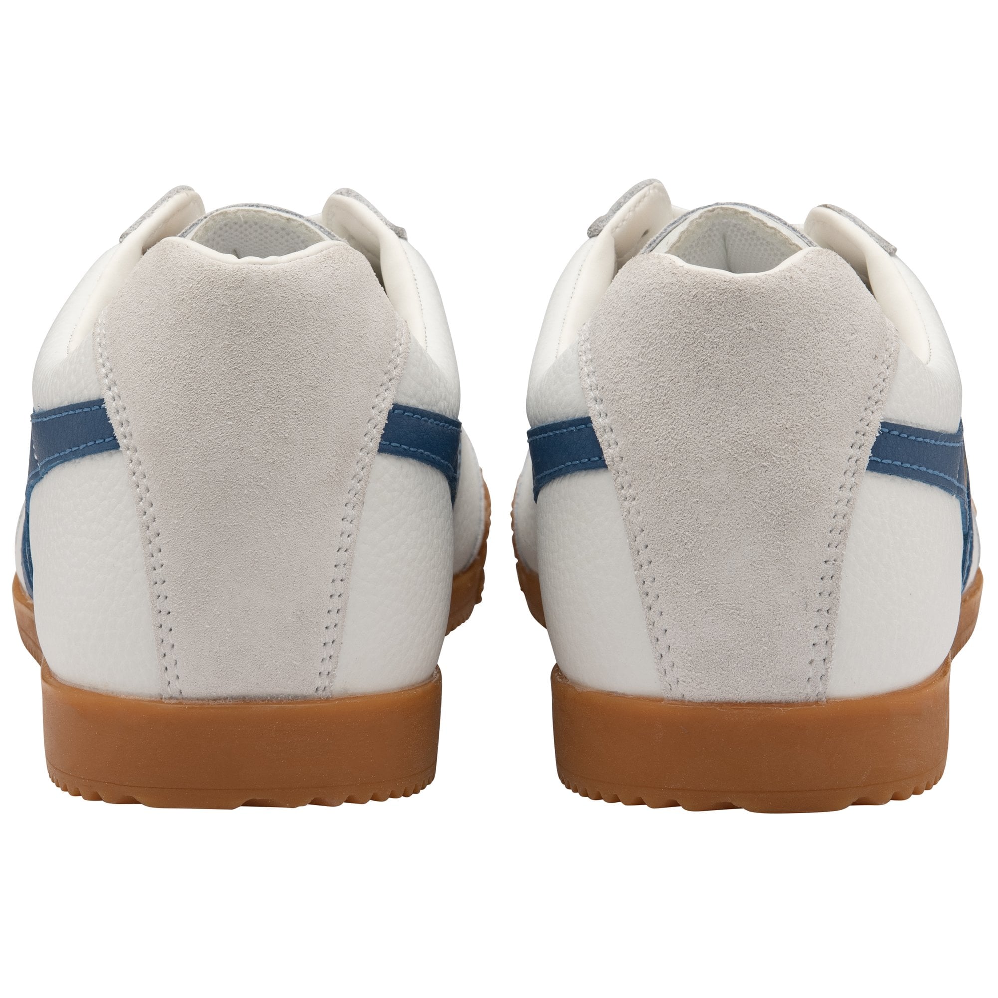 The backs of a pair of white Gola Harrier shoes with blue stripes.