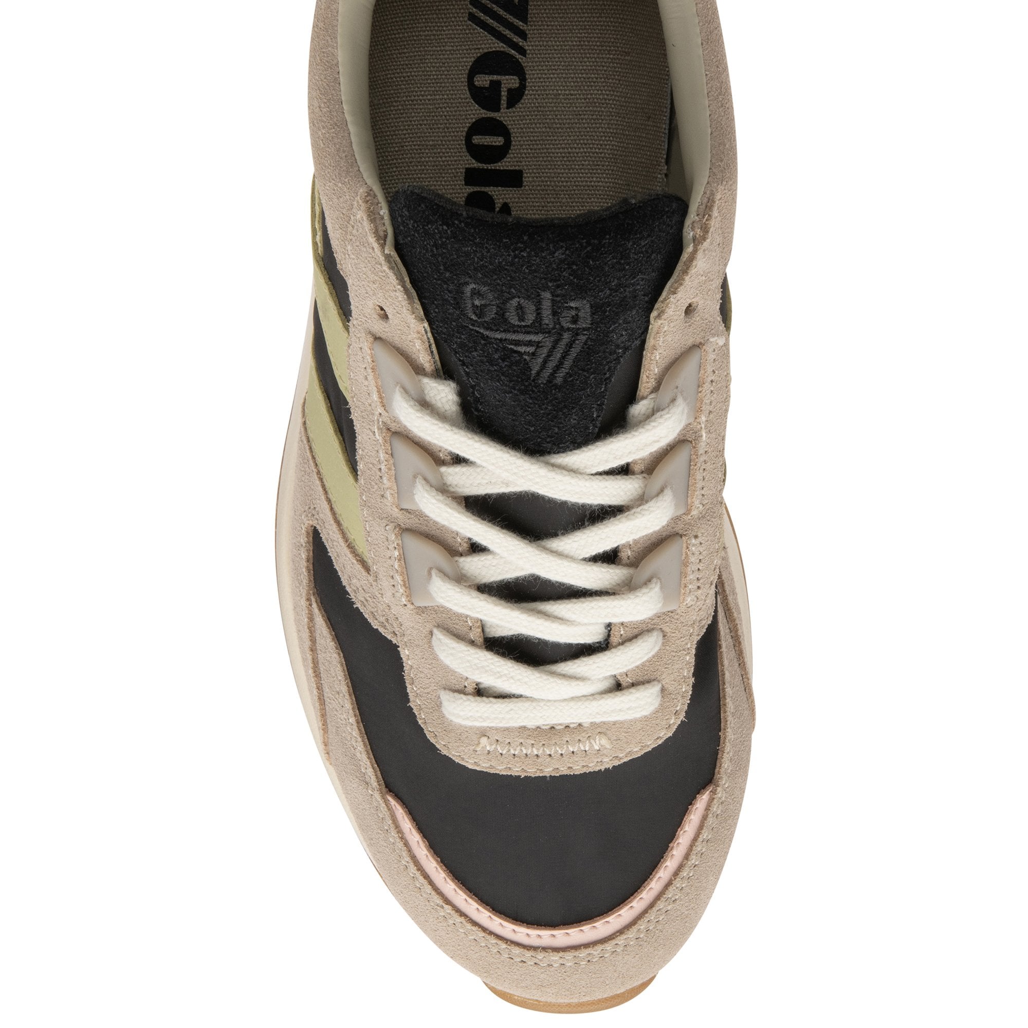 Top profile of a Gola Women's Daytona in black, light grey, and pink.