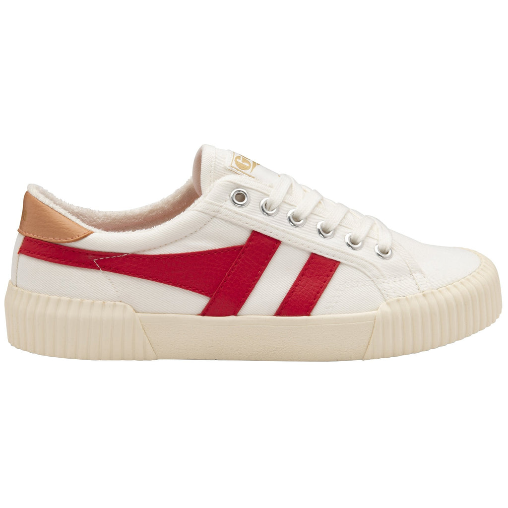 Side profile of a white sneaker with two red stripes on the side.