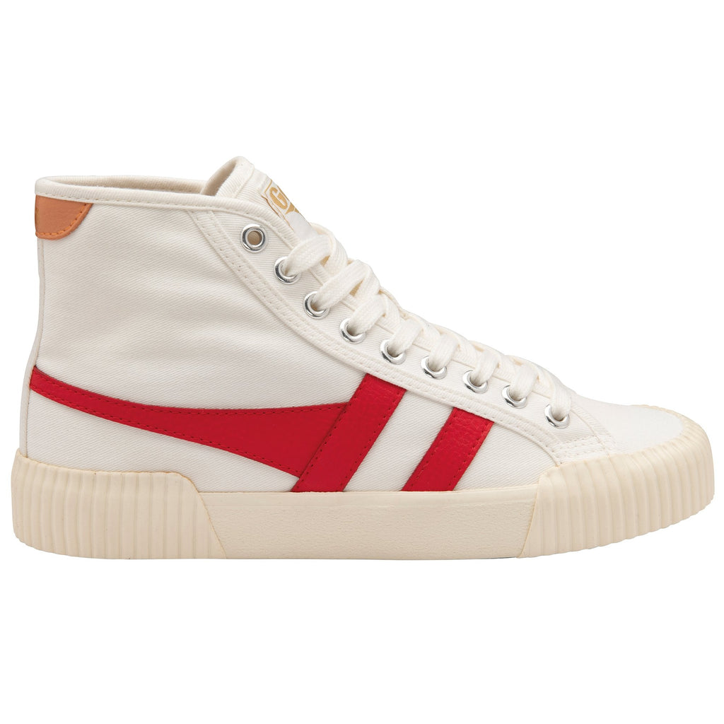 Side view of a white Gola high-top sneaker with red stripes.