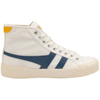 Side profile of a Gola white canvas high-top sneaker with blue stripes and a yellow heel tab.
