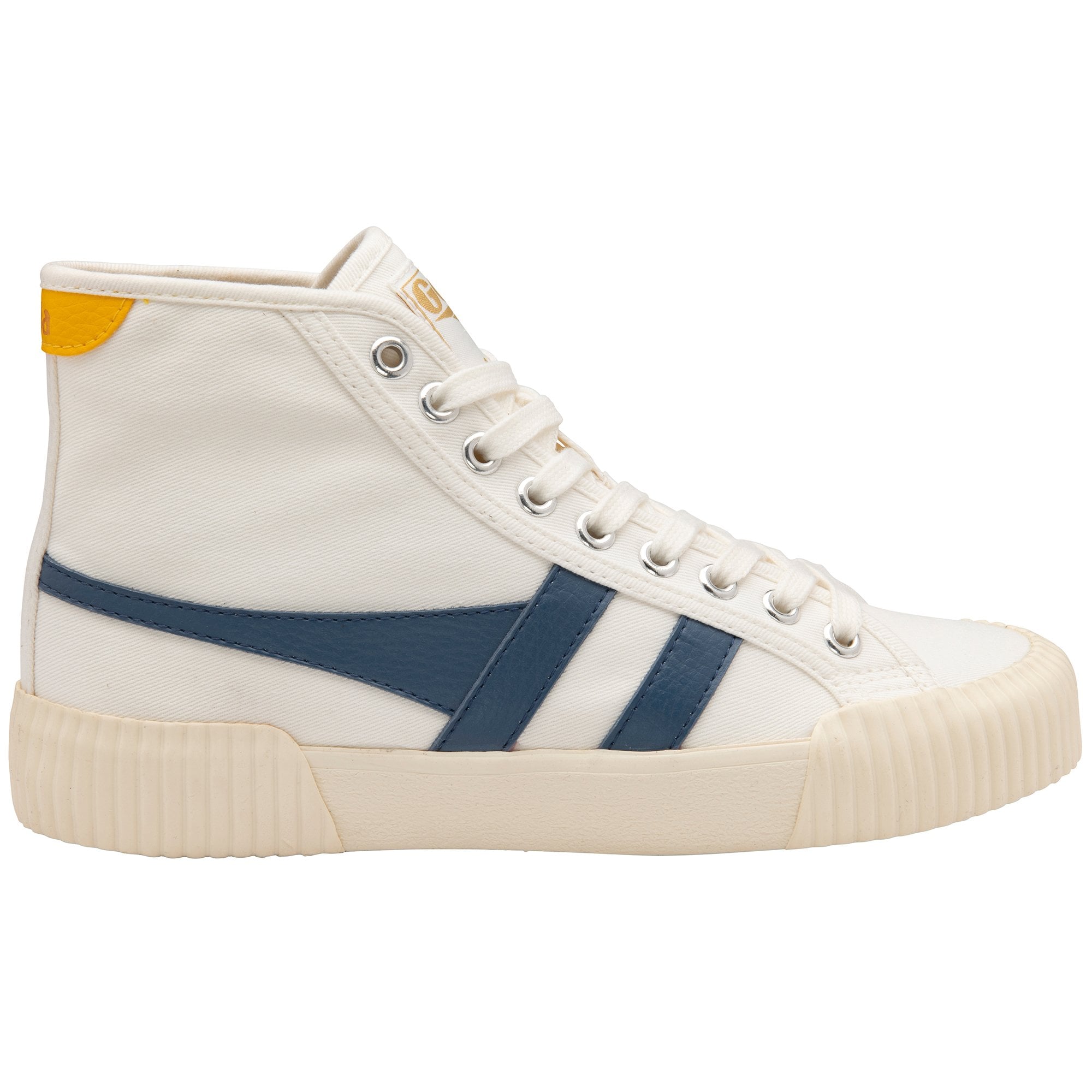 Side profile of a Gola white canvas high-top sneaker with blue stripes and a yellow heel tab.