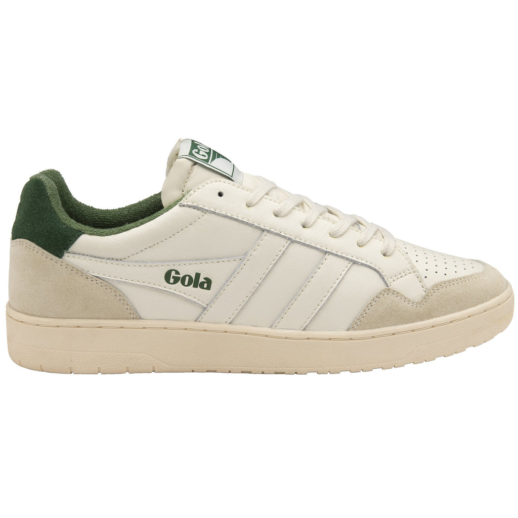 Cream and green Gola sneakers, right side view.