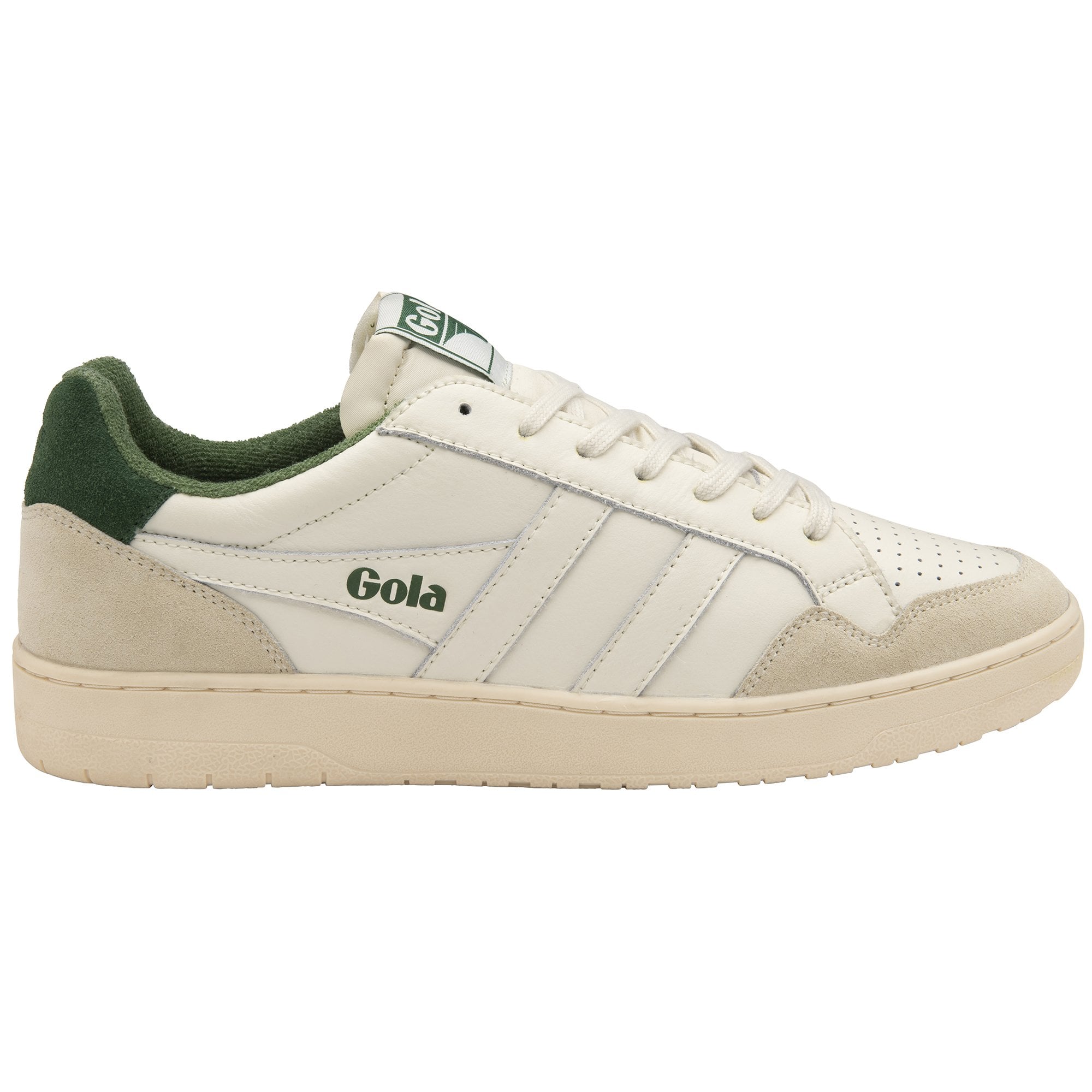 Cream and green Gola sneakers, right side view.
