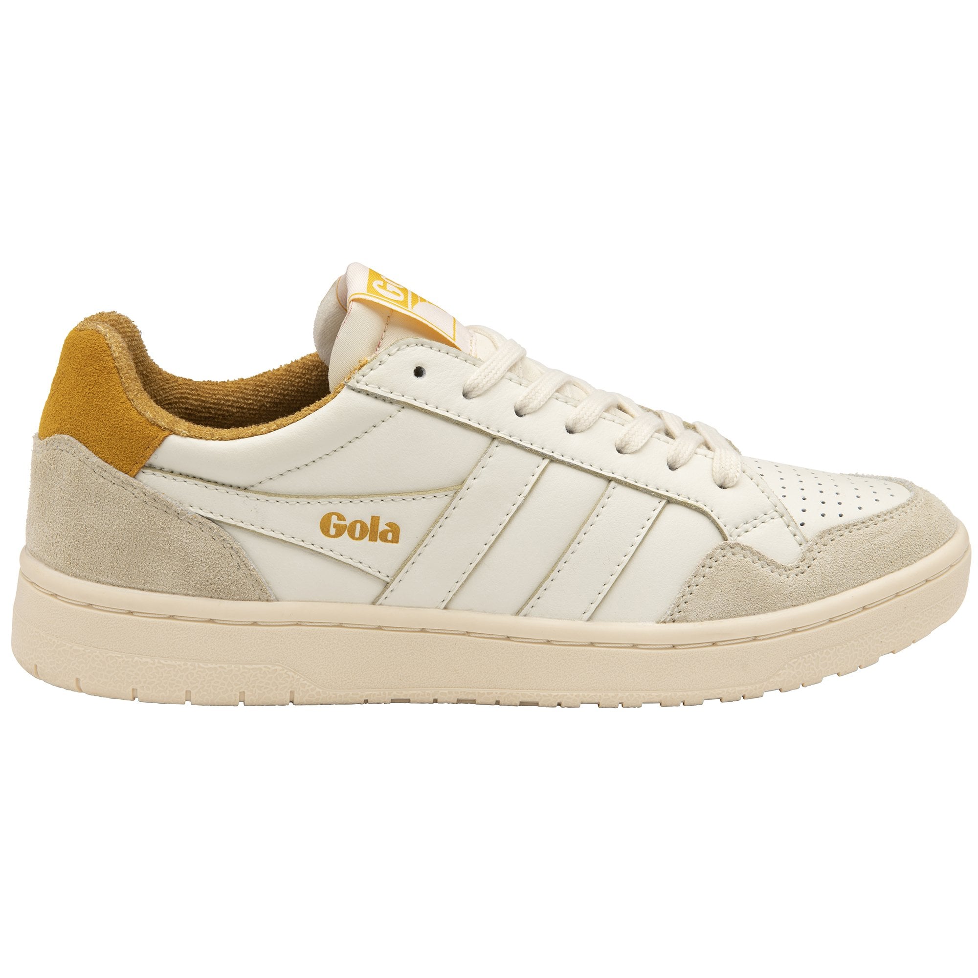 A single Gola low-top sneaker in white and yellow, angled to the right.