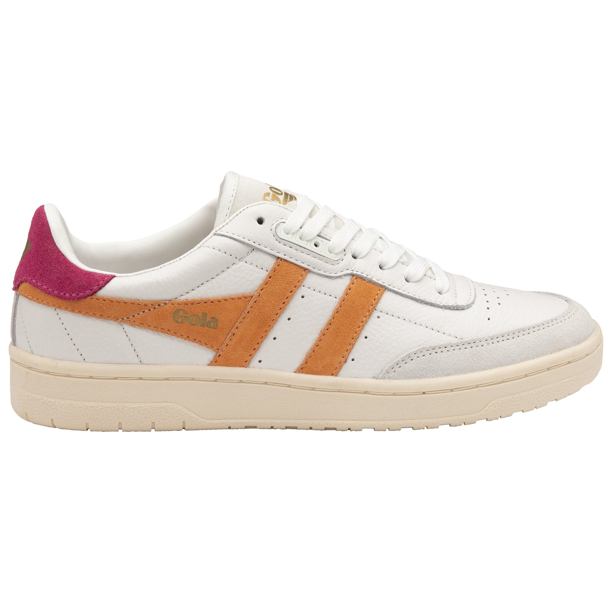 Side profile of an off-white sneaker with orange stripes and a pink heel.