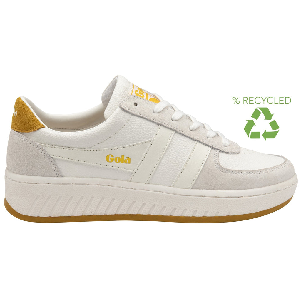 A white and yellow Gola sneaker made from recycled materials, with a recycling logo next to it.