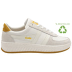 A white and yellow Gola sneaker made from recycled materials, with a recycling logo next to it.