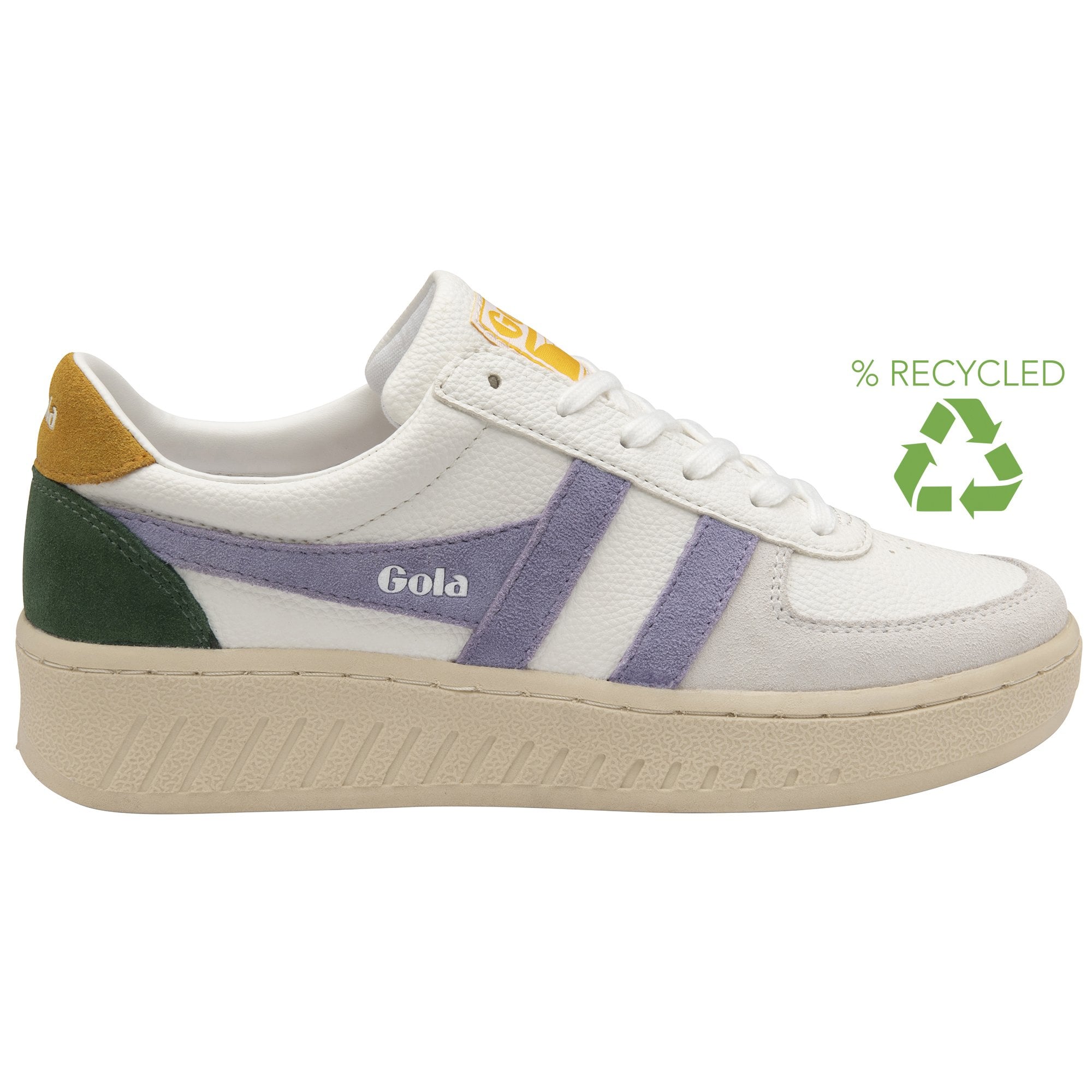 A white Gola sneaker with purple stripes, a green heel, and a yellow accent, with a recycled symbol.