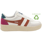 A white Gola sneaker with brown stripes and pink and teal accents, with a recycling logo.