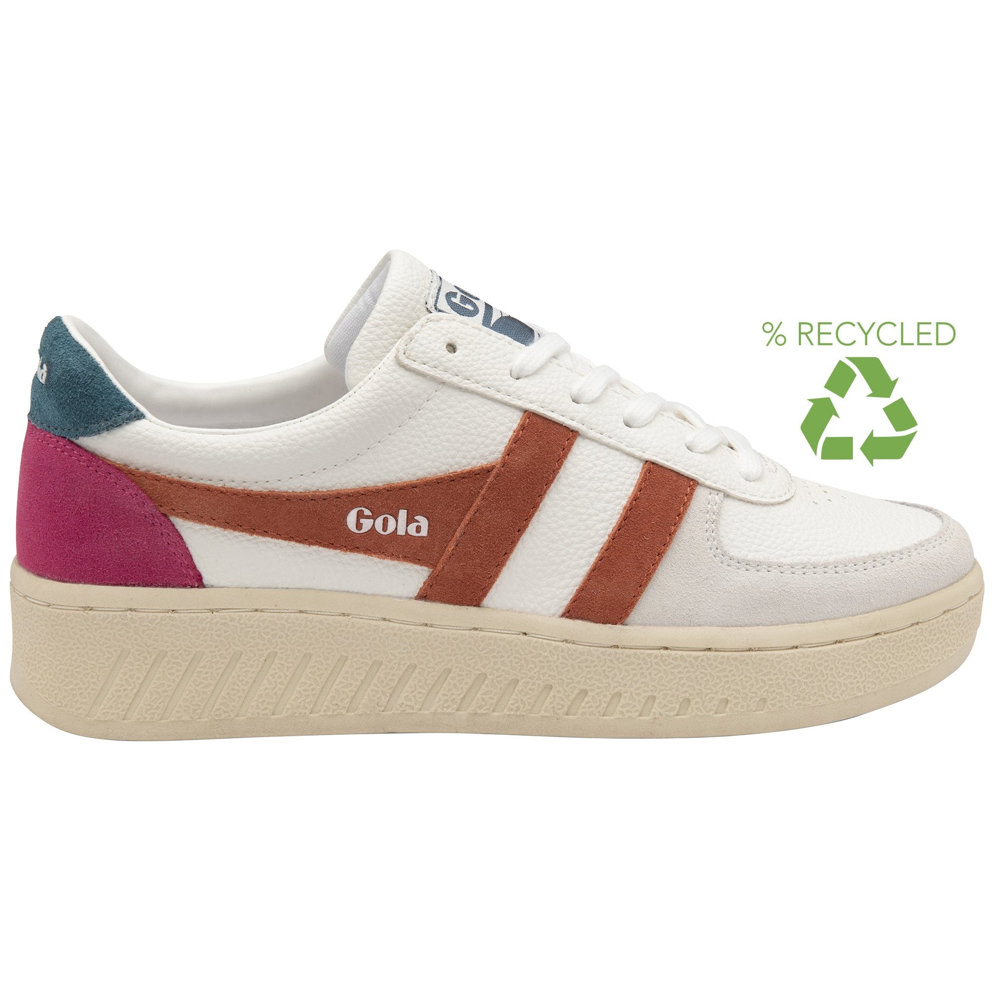 A white Gola sneaker with brown stripes and pink and teal accents, with a recycling logo.