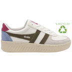 A white Gola sneaker with olive stripes and pink and blue accents, indicating it's recycled.