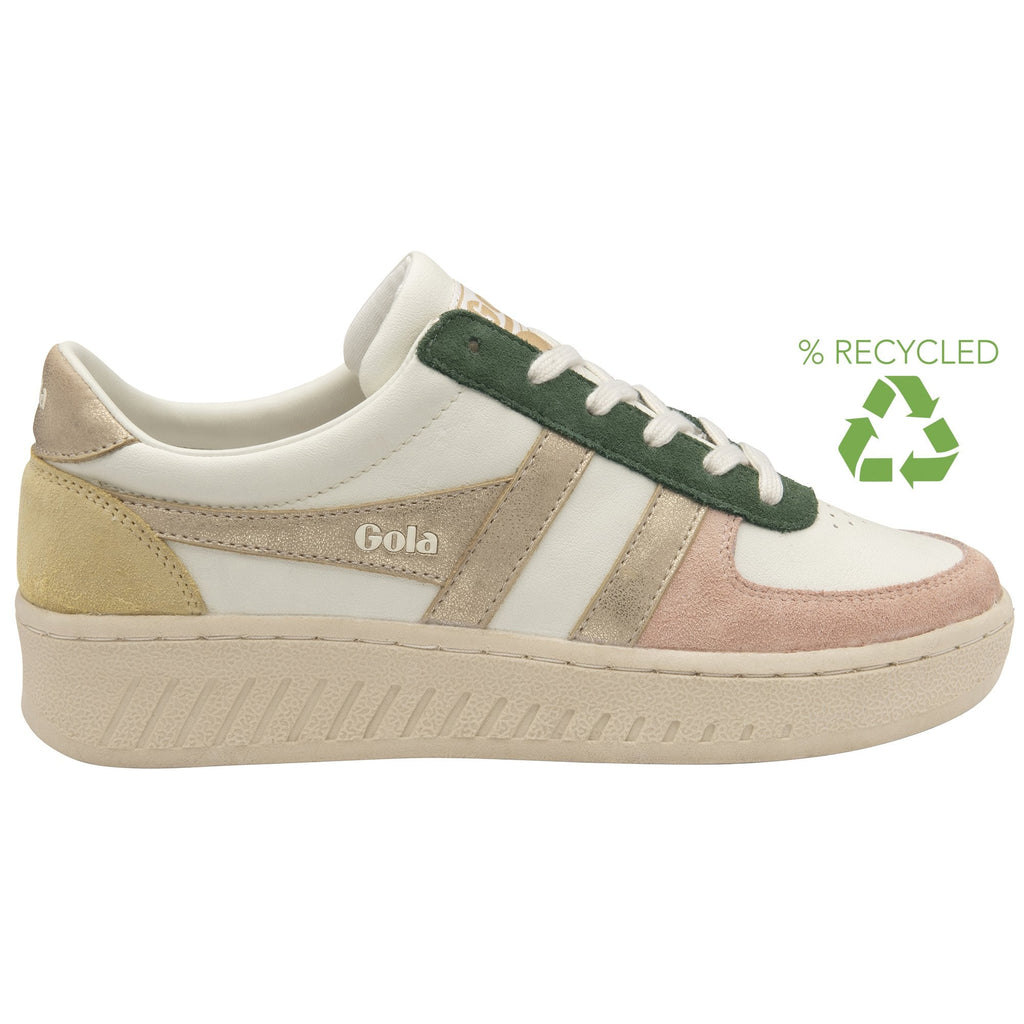 A recycled women's sneaker with white, pink, green, and gold accents. Includes a recycling symbol.