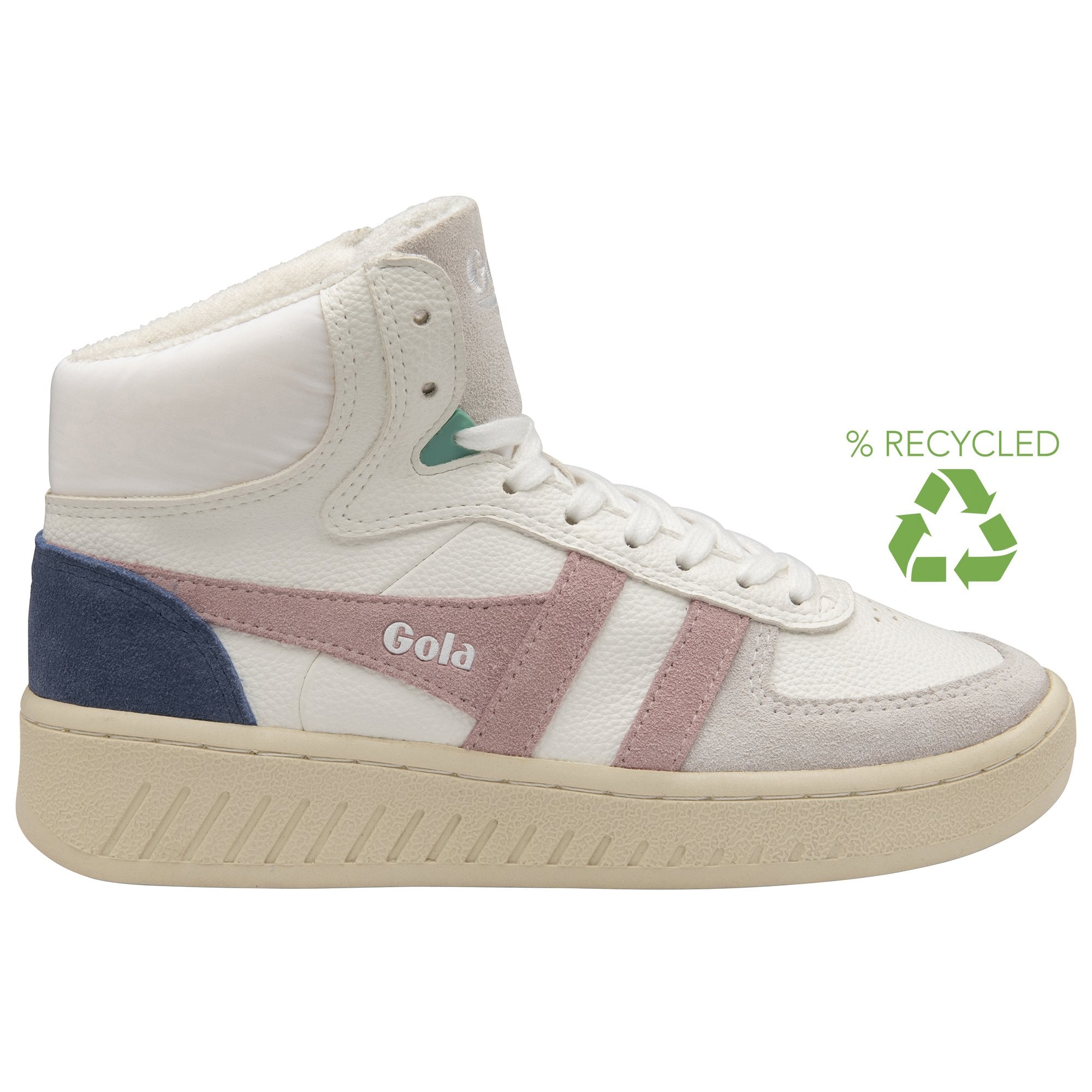 A white Gola high-top sneaker with pink stripes and a blue heel accent, on a white background.