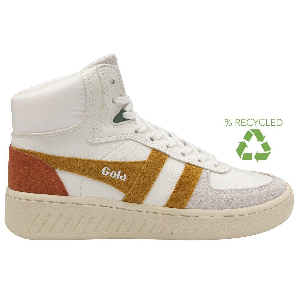 A white Gola high-top sneaker with mustard yellow and brown accents. A green recycle logo.
