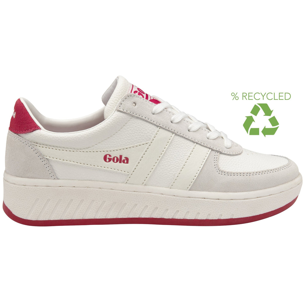Side profile of a white Gola sneaker with pink accents and recycled logo.