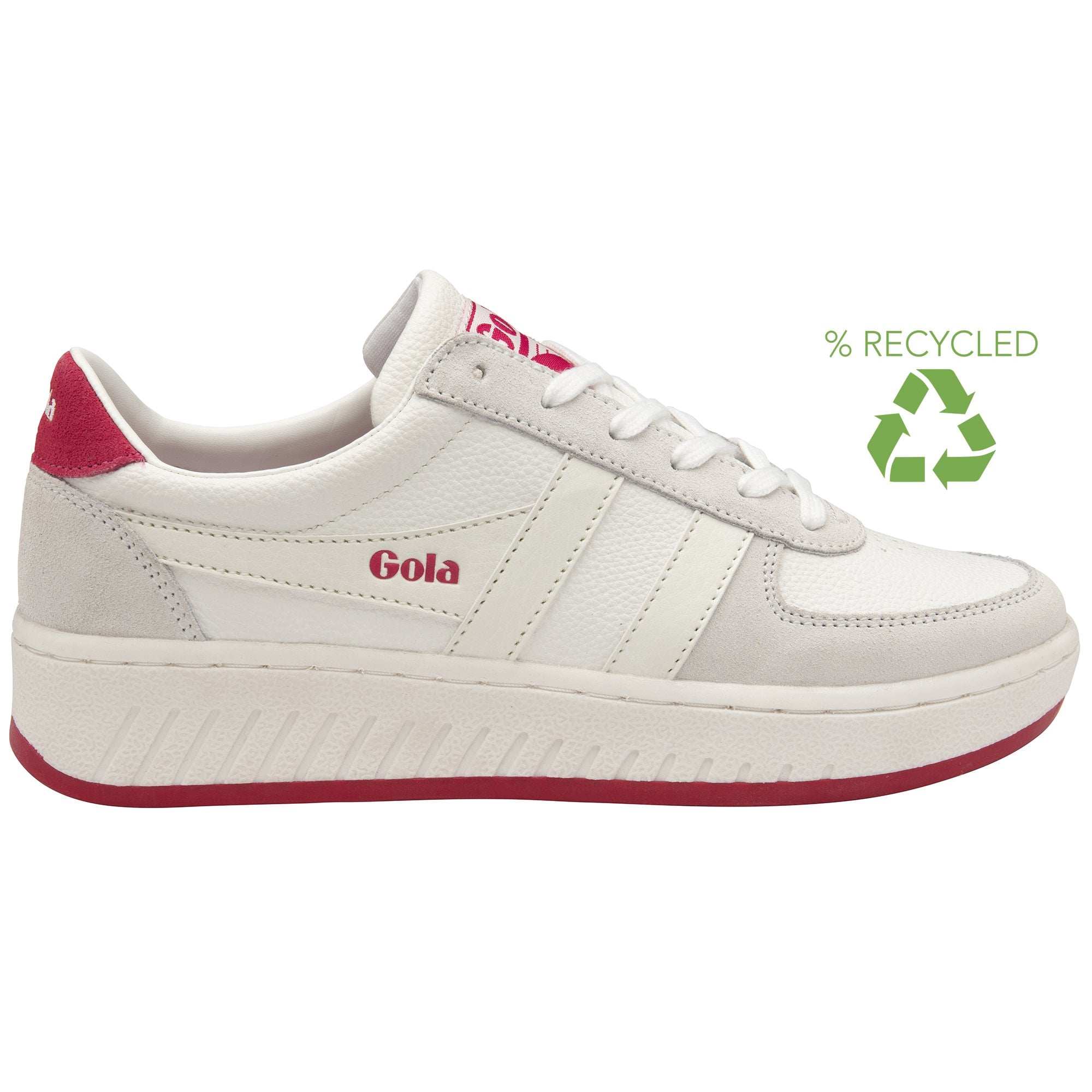 Side profile of a white Gola sneaker with pink accents and recycled logo.
