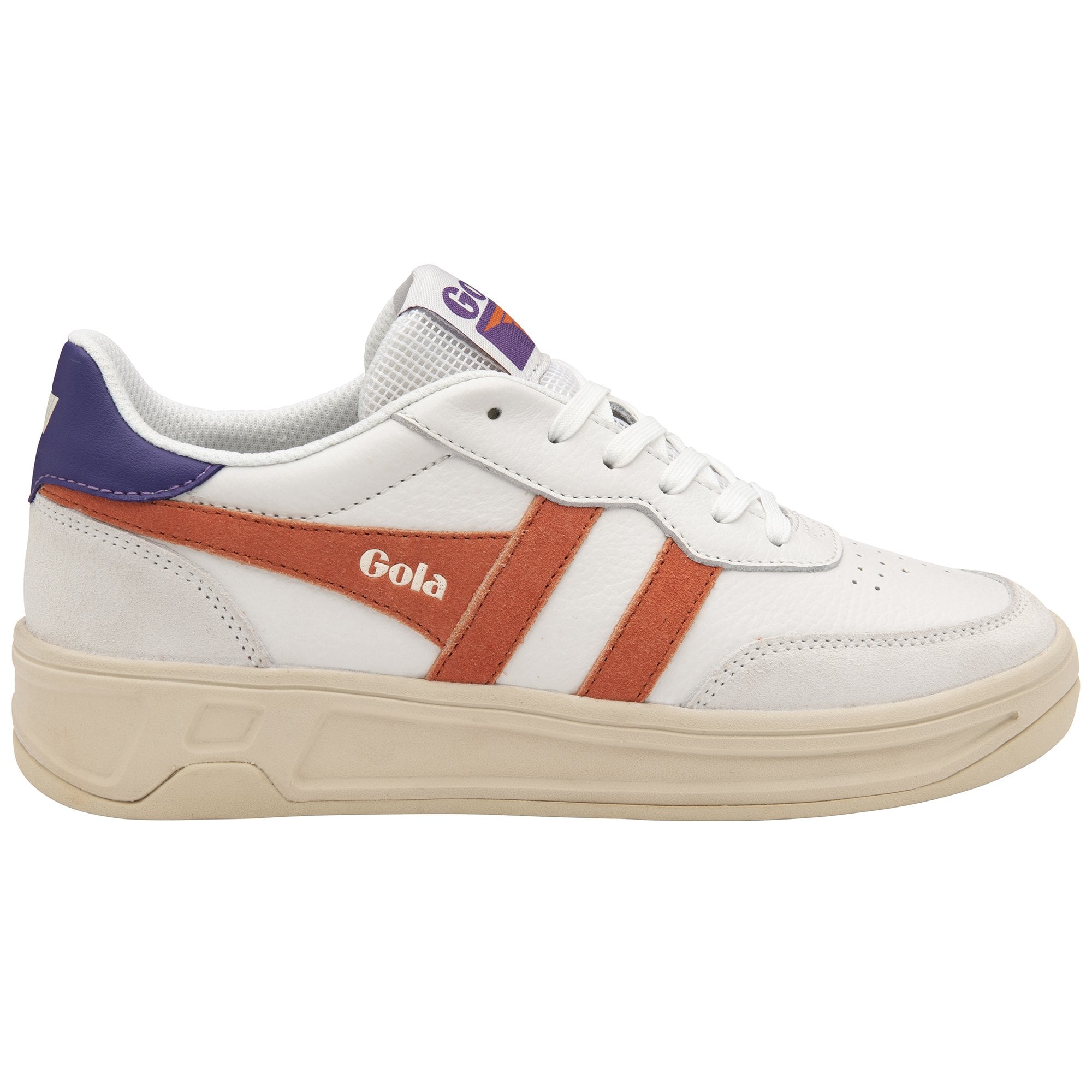 Side view of a white Gola sneaker with orange stripes and a blue heel.