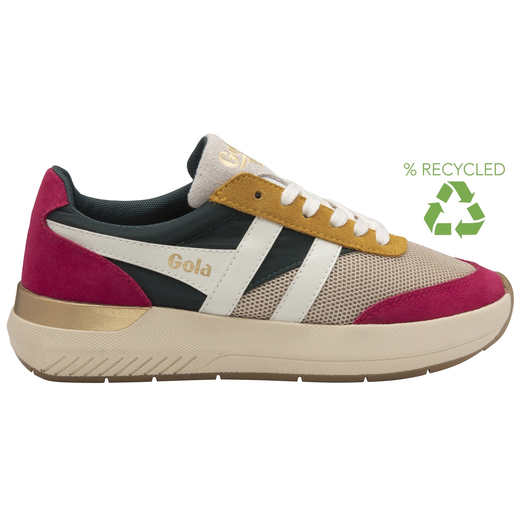 A recycled women's trainer, made with green, red, beige and yellow fabrics. 