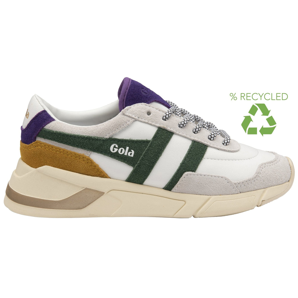 A white Gola sneaker with green stripes, yellow and purple accents, and a recycled logo.