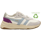 A recycled Gola sneaker with purple, light blue, and grey accents on a white background.
