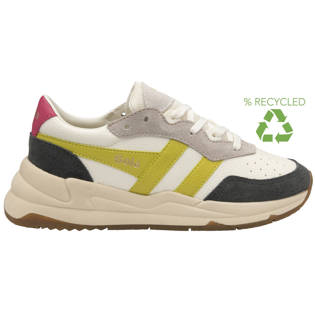 Side view of a Gola Classics women's trainer with a green recycled logo.