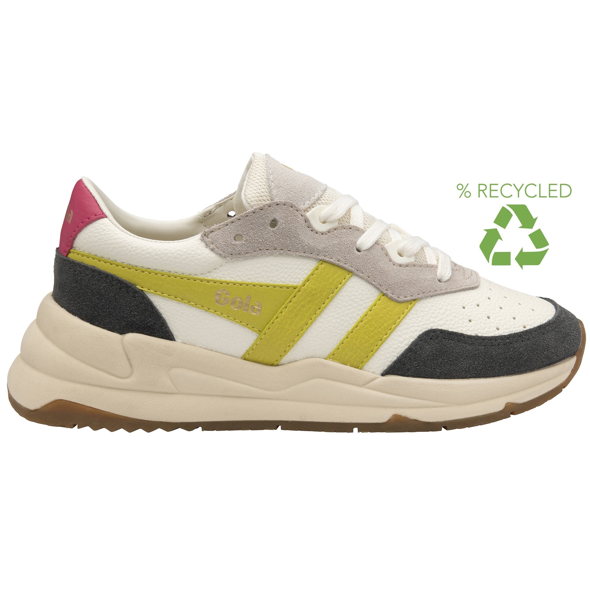 Side view of a Gola Classics women's trainer with a green recycled logo.