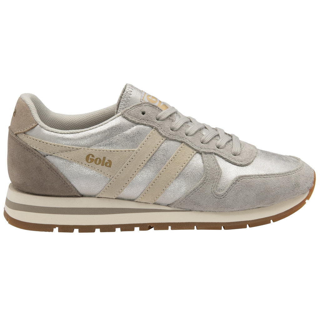 A single Gola women's trainer in silver and light grey, viewed from the side.