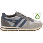 A recycled grey Gola sneaker with blue stripes on a white background.