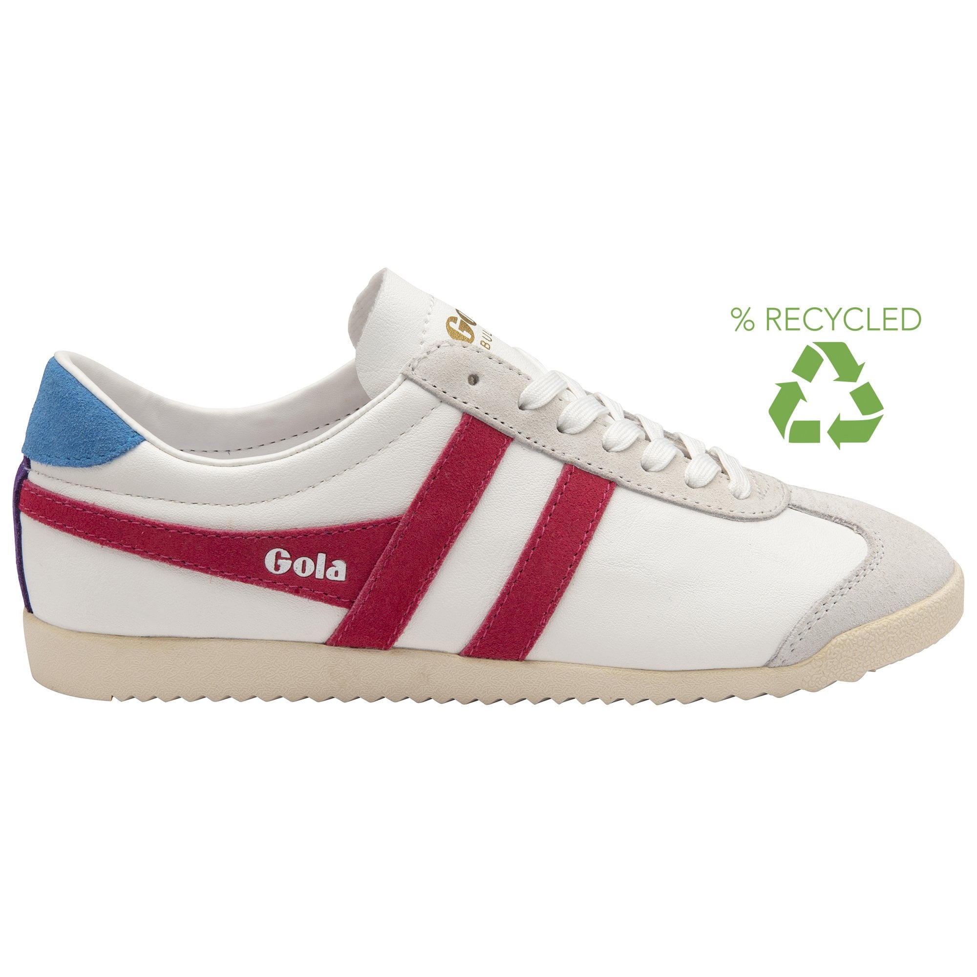 A white Gola sneaker with red stripes and blue heel detail, with a recycled symbol.
