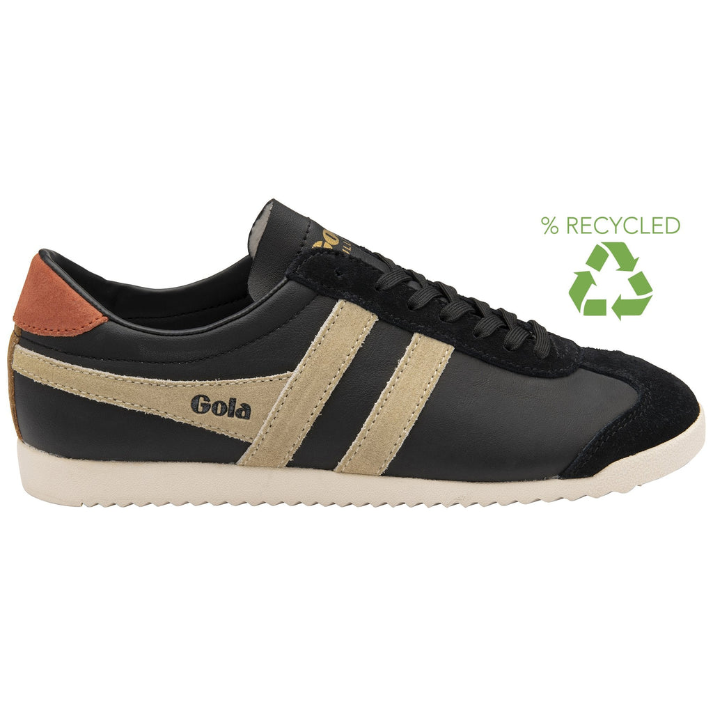 A black Gola Bullet sneaker with tan stripes, a brown heel accent, and a recycled symbol.
