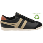A black Gola Bullet sneaker with tan stripes, a brown heel accent, and a recycled symbol.
