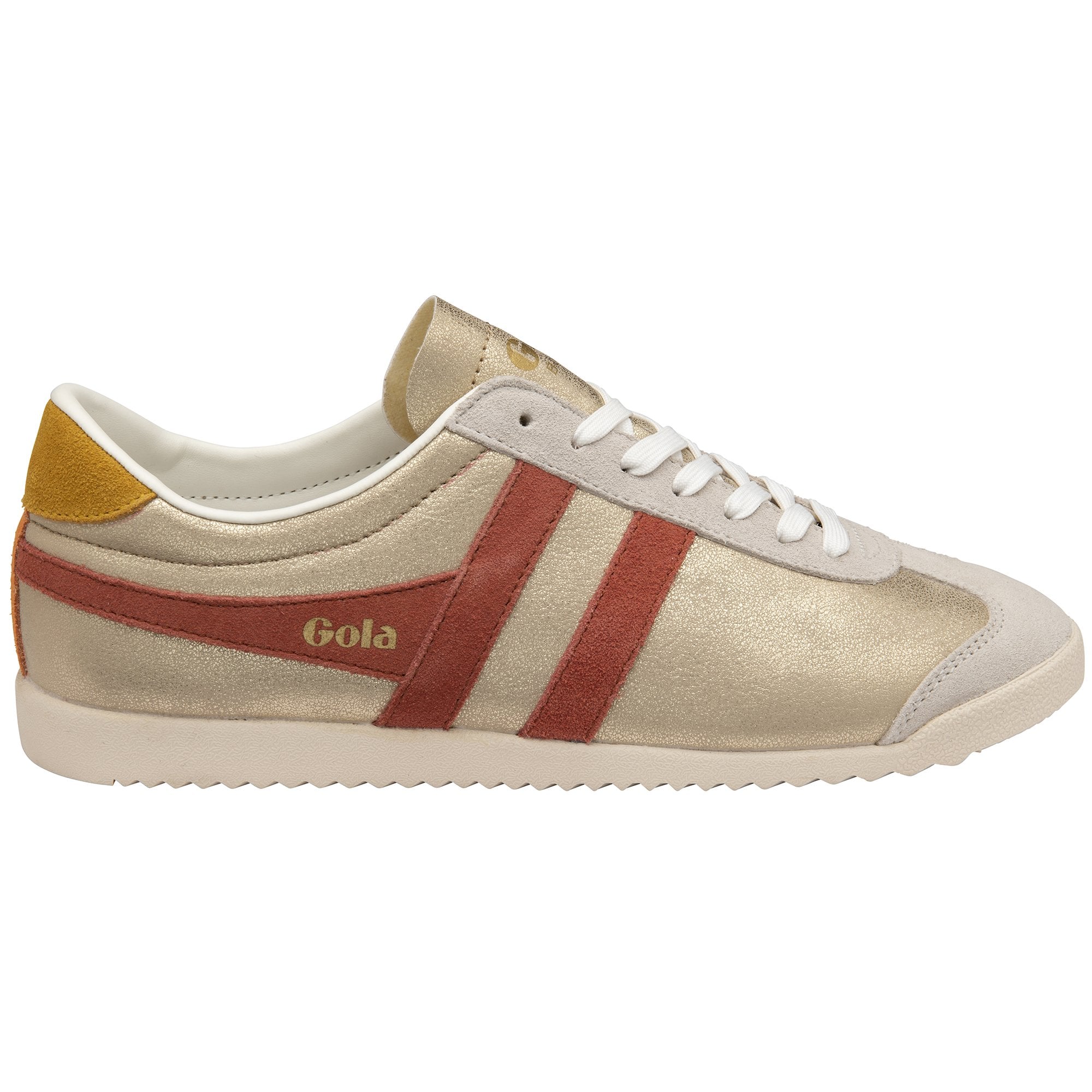 Side profile of a gold and red Gola sneaker with white laces.