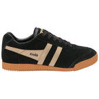 A black suede sneaker with a beige Gola logo and stripes, viewed from the side.