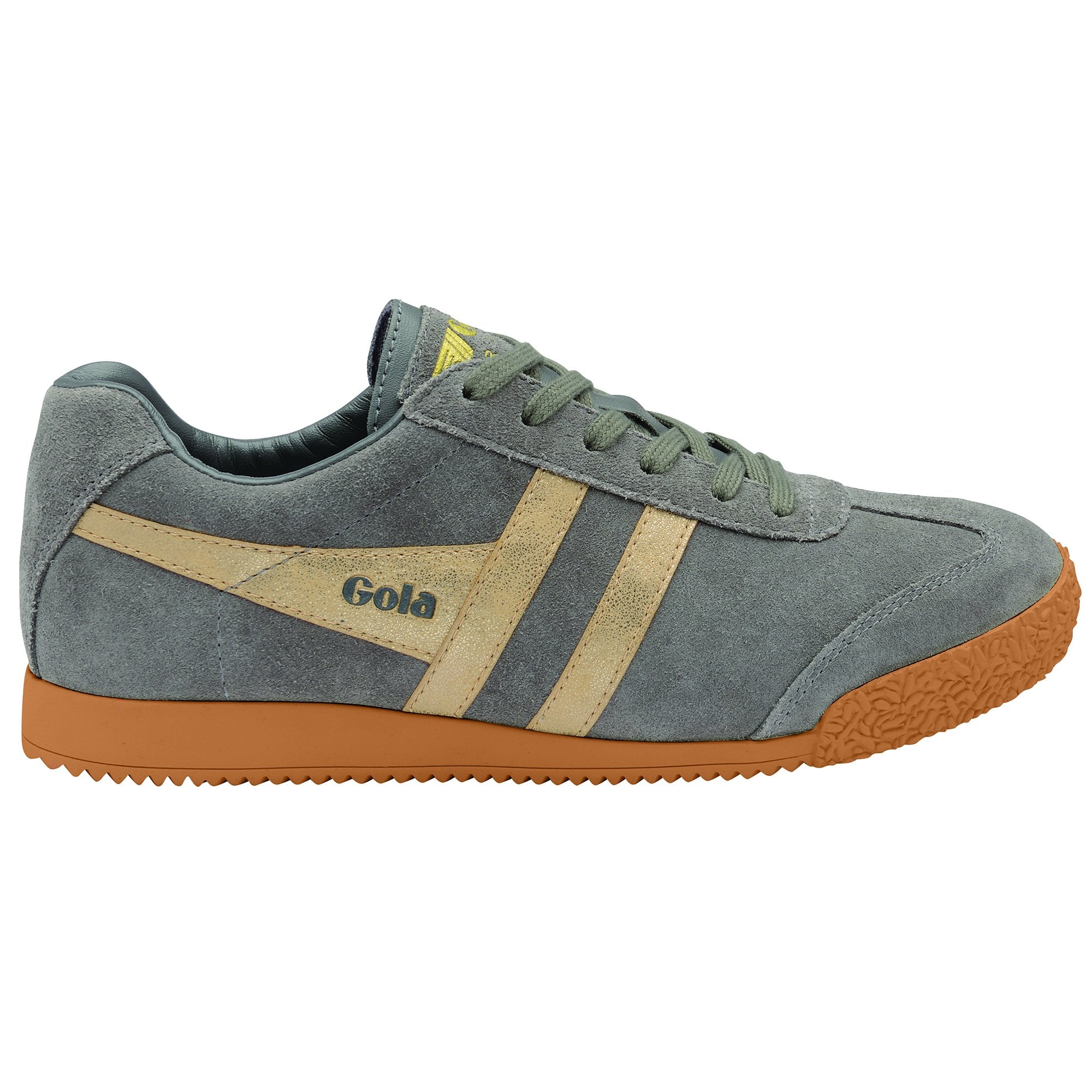 Side profile of a grey Gola trainer with beige stripes and a gum sole.