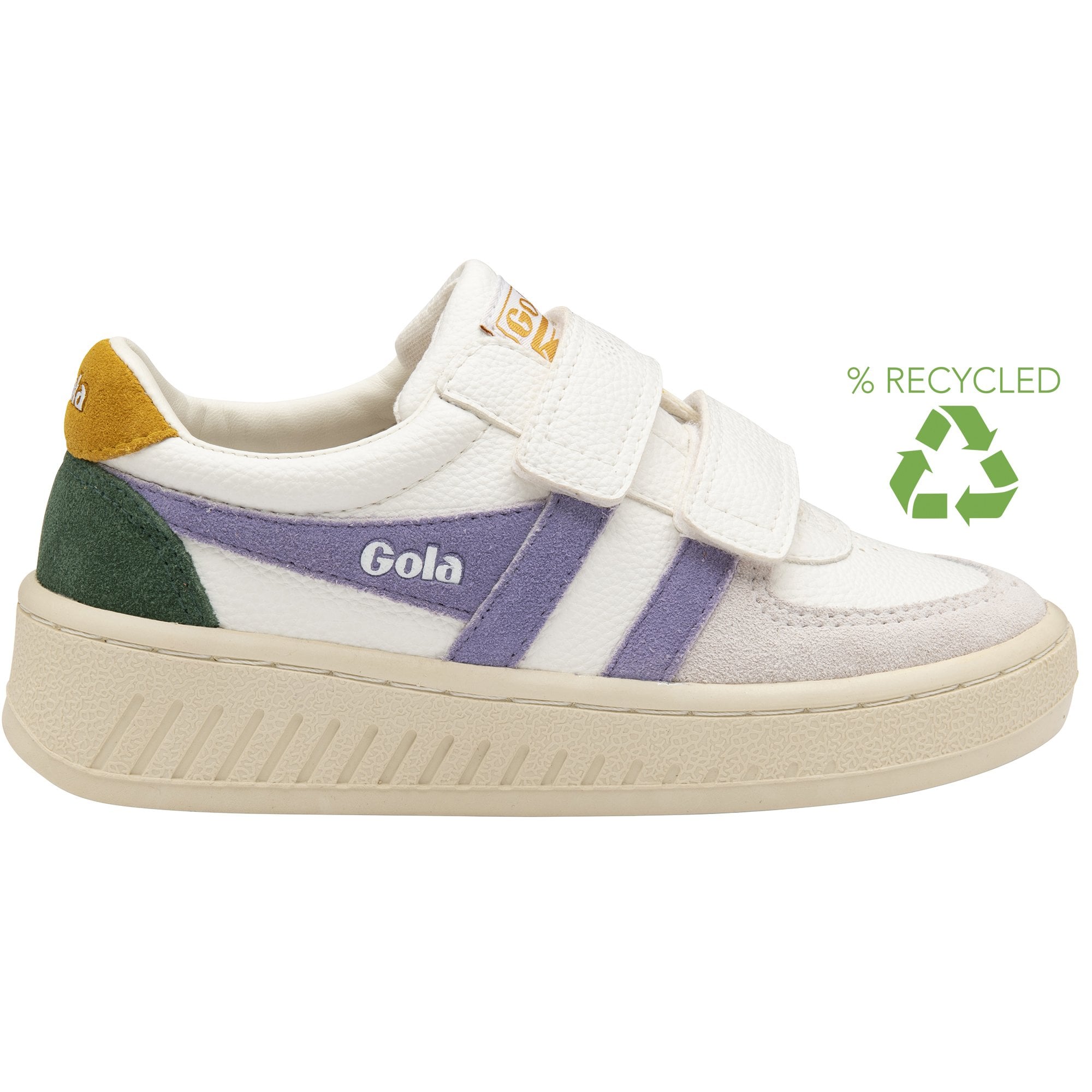 A white Gola sneaker with purple stripes and a green heel, featuring a 'recycled' symbol.