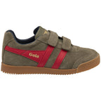 Side profile of a Gola Harrier suede trainer in khaki with red stripes and velcro straps.