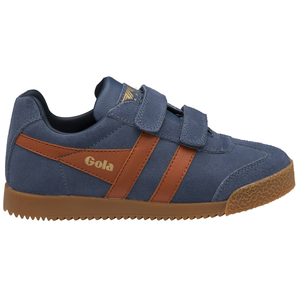 Blue and brown velcro strap Gola kids trainer.