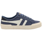A single blue canvas Gola men's sneaker with white stripes, positioned on a white background.