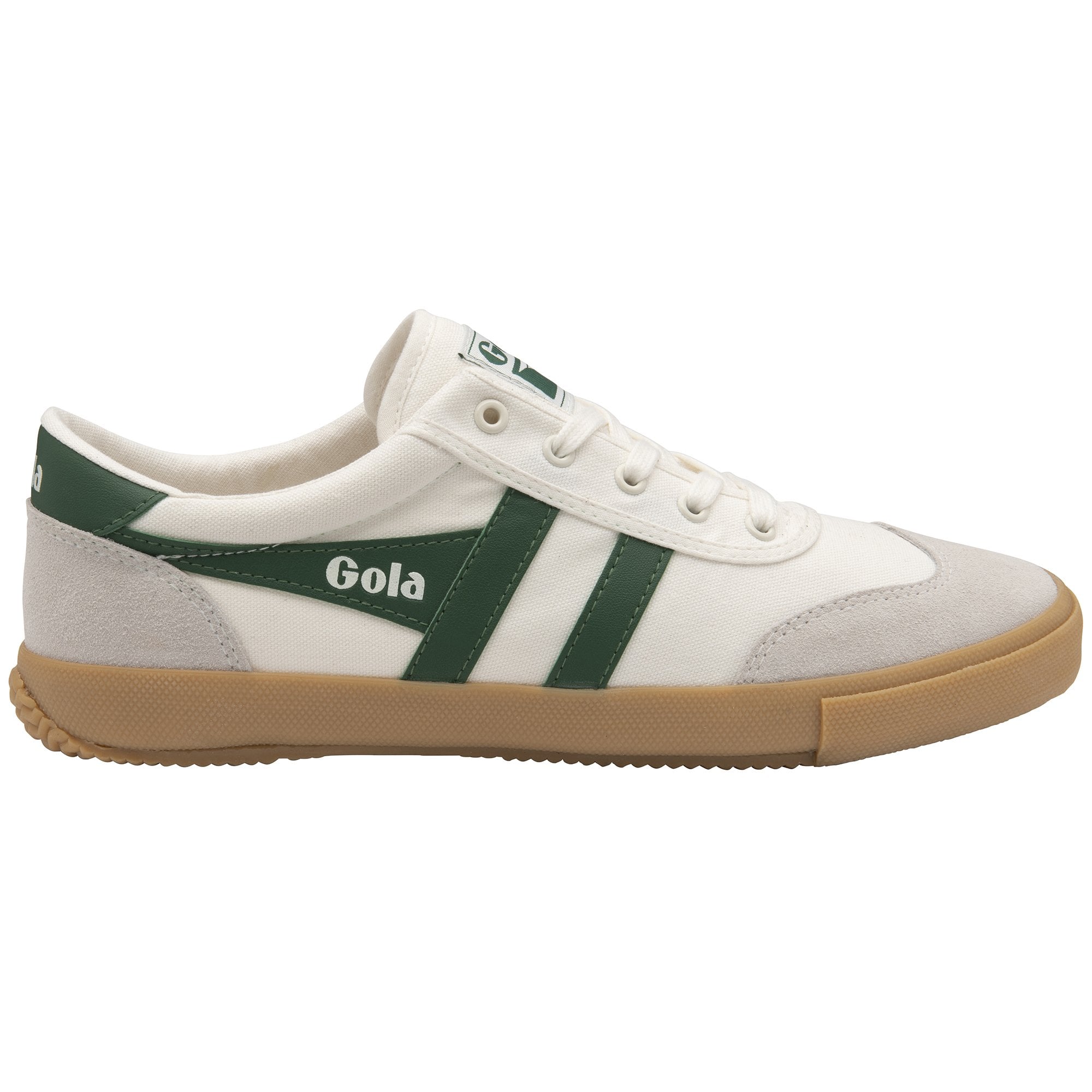A white Gola sneaker with green stripes, viewed from the side, on a white background.