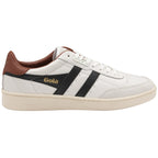 Side profile of white Gola tennis shoe with brown and black accents.