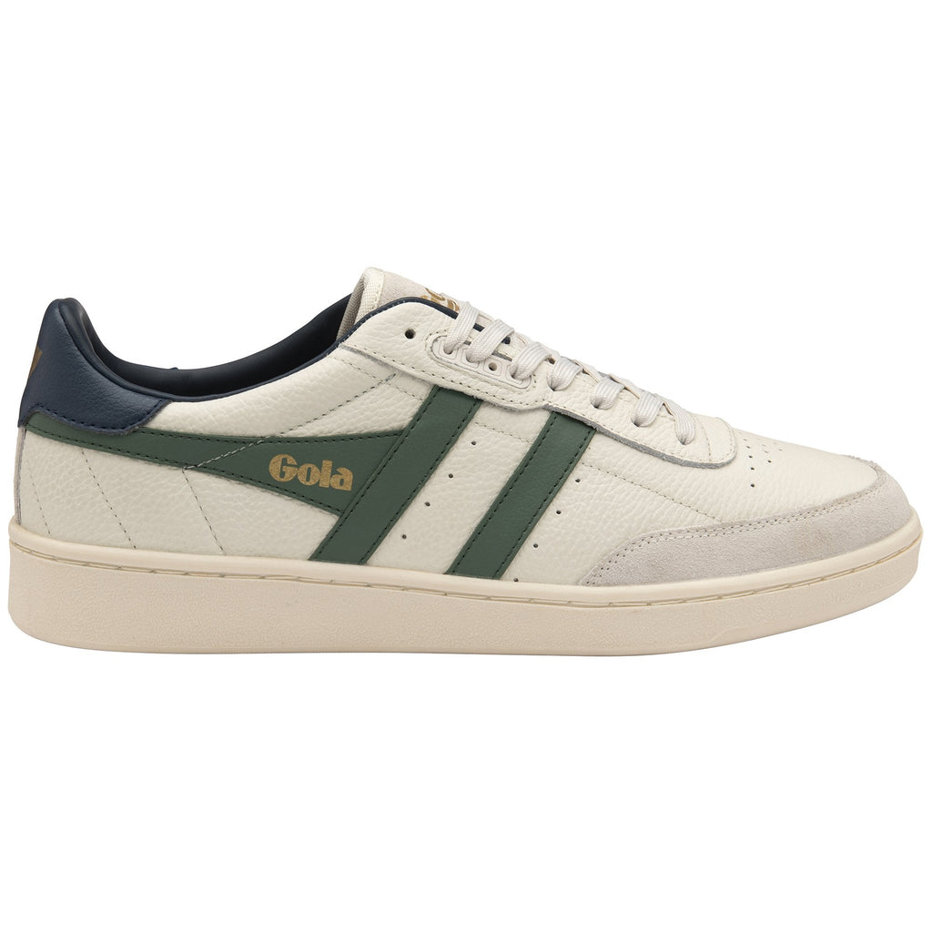 A white and green Gola sneaker with the brand logo on the side.