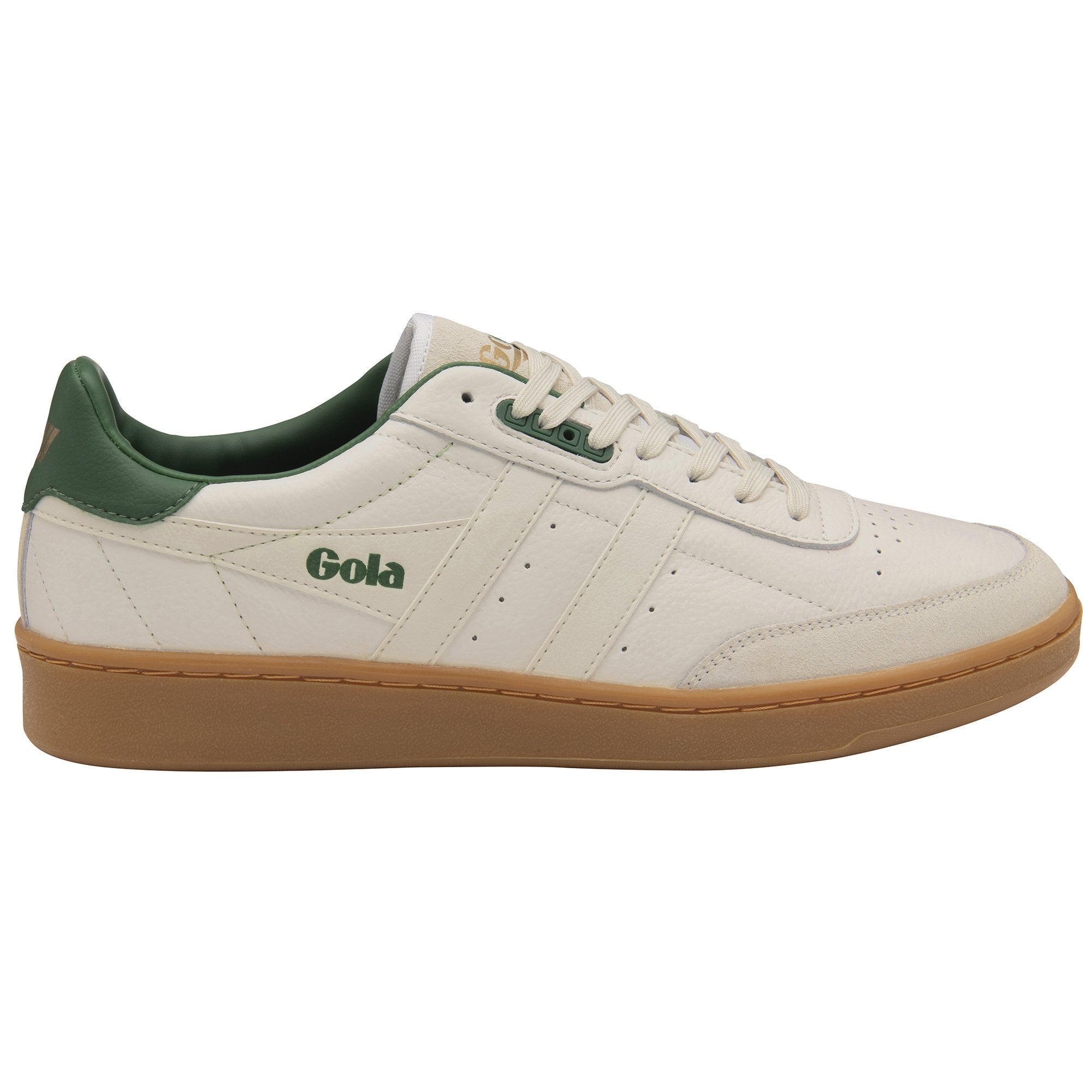 A single Gola men's sneaker in off-white with green accents and a gum sole.