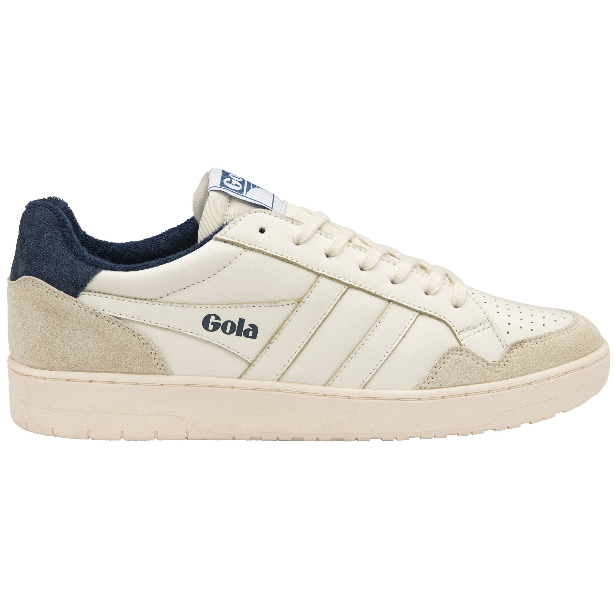 A Gola low-top sneaker in off-white with navy heel detail.