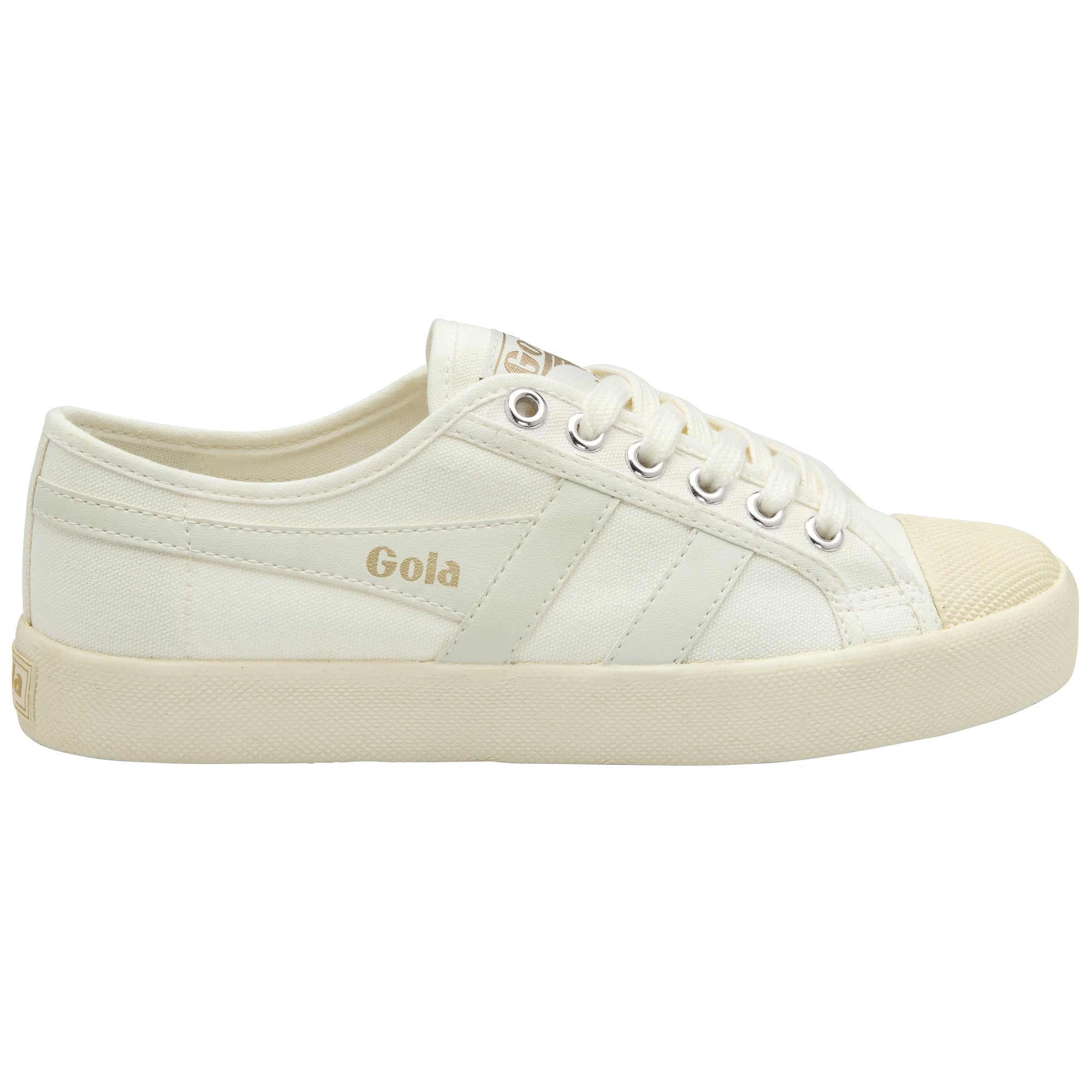 A single white canvas sneaker with gold Gola branding on the side.