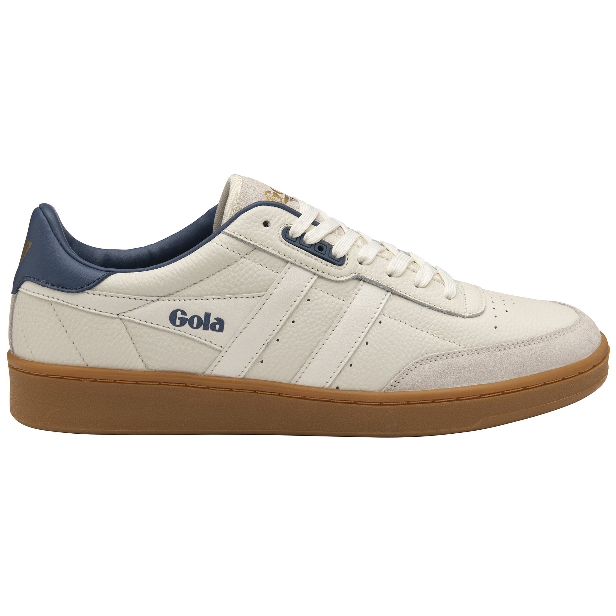 A single white Gola sneaker with blue accents and a gum sole, viewed from the side.