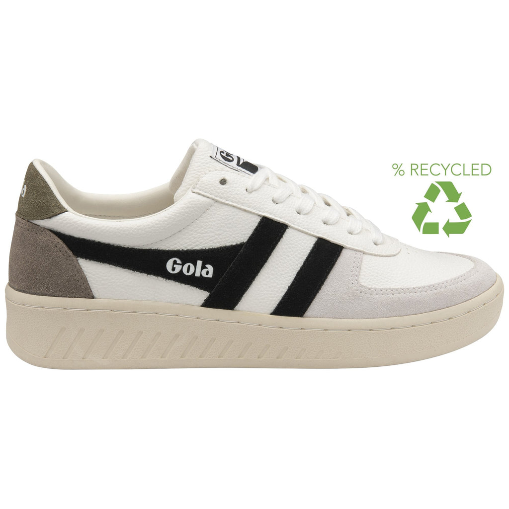A white Gola sneaker with black stripes and a recycled symbol.