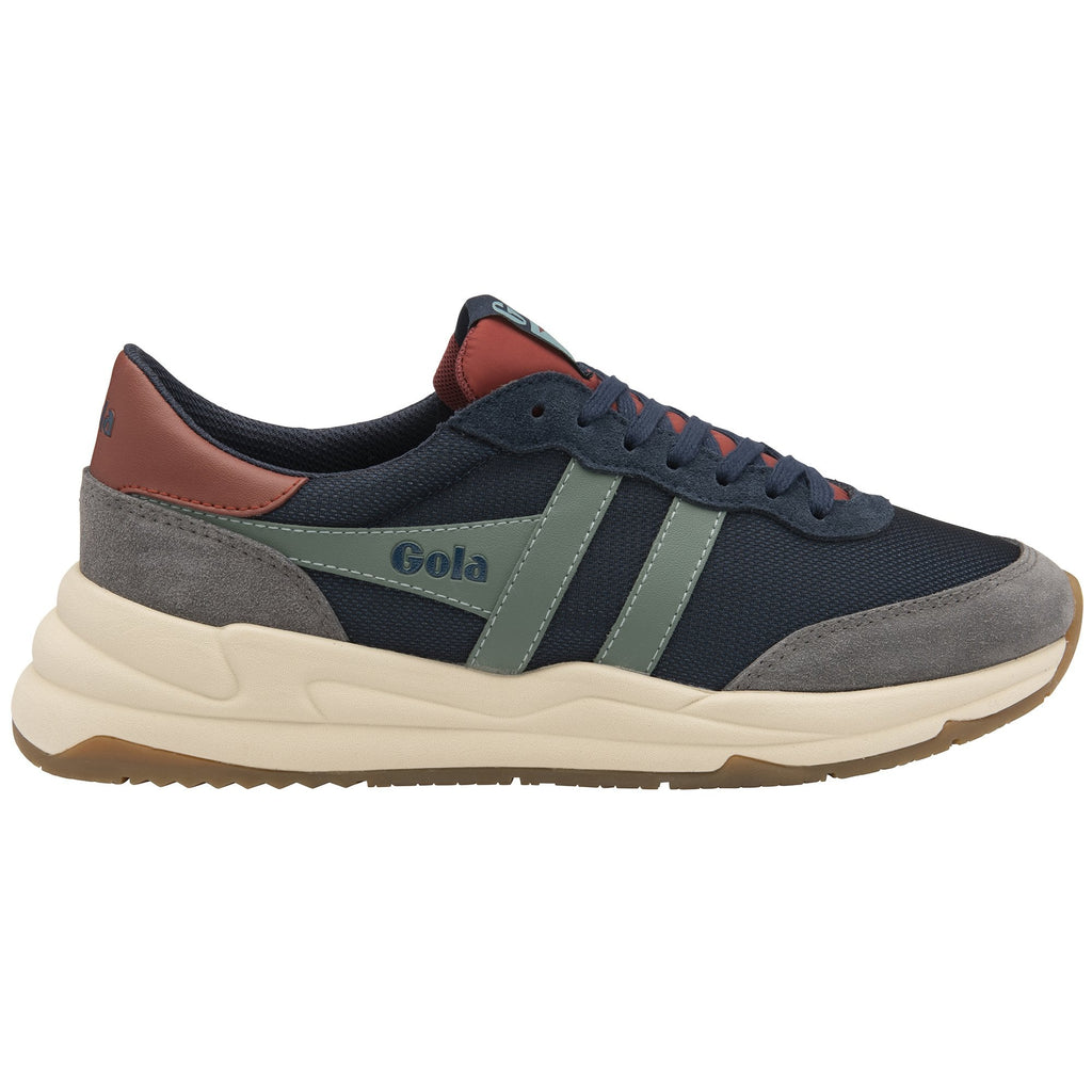 A single Gola men's sneaker in navy, grey, green, and brown, shown from the side.